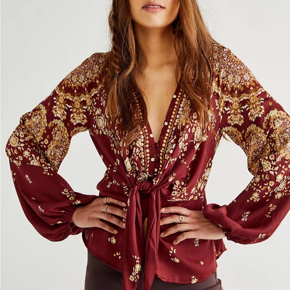 Free People Tops - Free People Run Free Silky Long Sleeve Front Tie Deep V Lightweight Boho Blouse